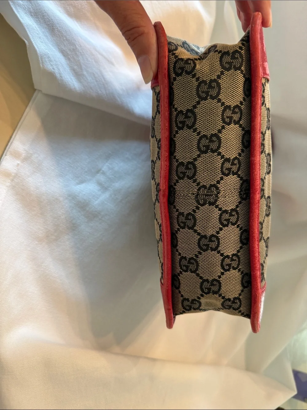 Gucci Beige Monogram Canvas Satchel with Red Trim